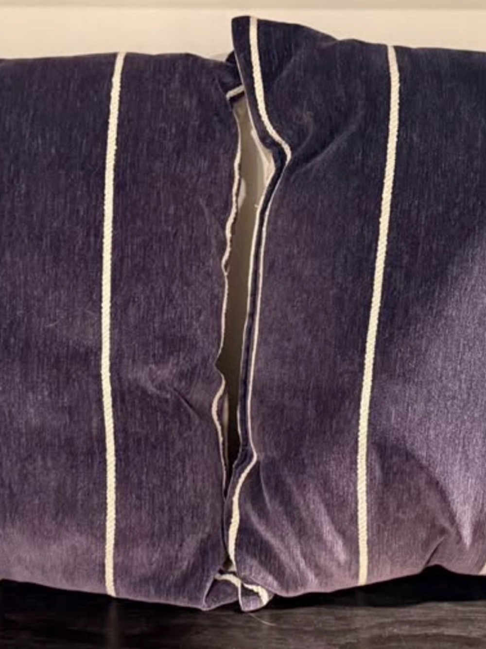 Navy Blue Velvet Pillows with White Stripes - Pair